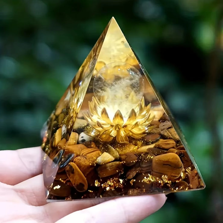 1PC Clear Crystal Tiger Eye Lotus Symbol Orgone Pyramid with Positive Energy and Guidance - Tiger Eye Lotus Symbol Orgone