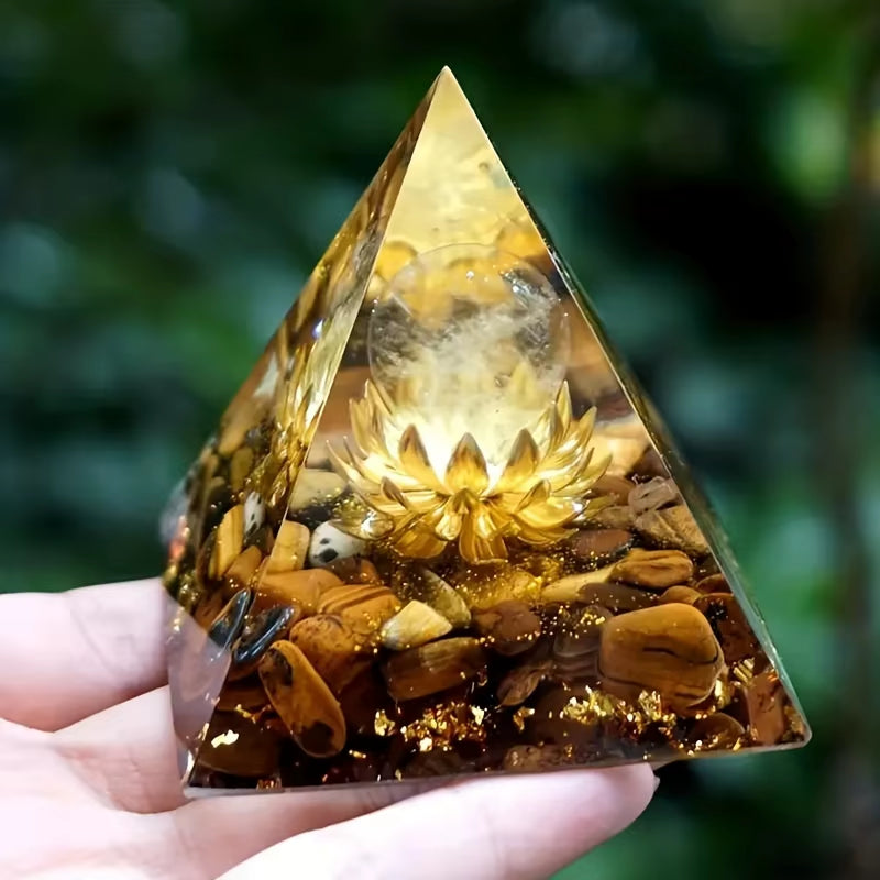 1PC Clear Crystal Tiger Eye Lotus Symbol Orgone Pyramid with Positive Energy and Guidance - Tiger Eye Lotus Symbol Orgone